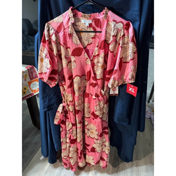 Draper James Dresses & Skirts - Draper James RSVP Pink Floral Wrap Dress Short Sleeve Ruffle Neck Midi XL